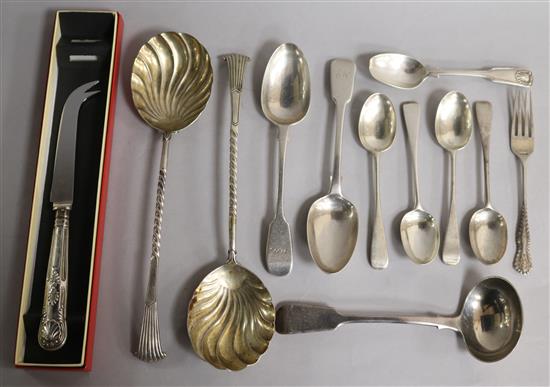 A pair of Victorian silver Onslow pattern serving spoons and ten other items.